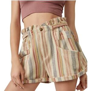 FREE PEOPLE Striped Shorts Paper Bag Waist Cuffed Tan Multicolor | Size Medium